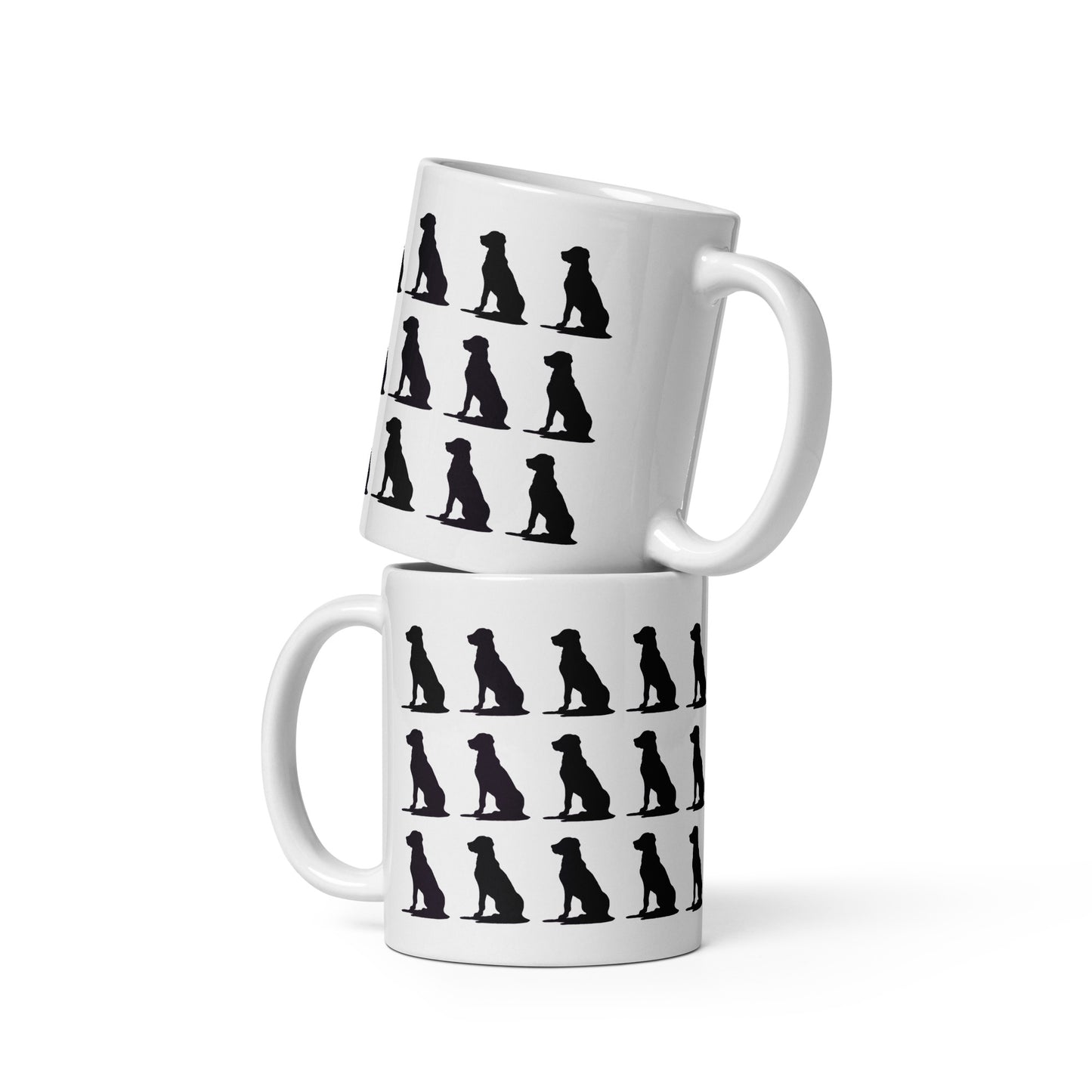 White ceramic mug with black dog silhouettes, pet lover’s coffee cup.
