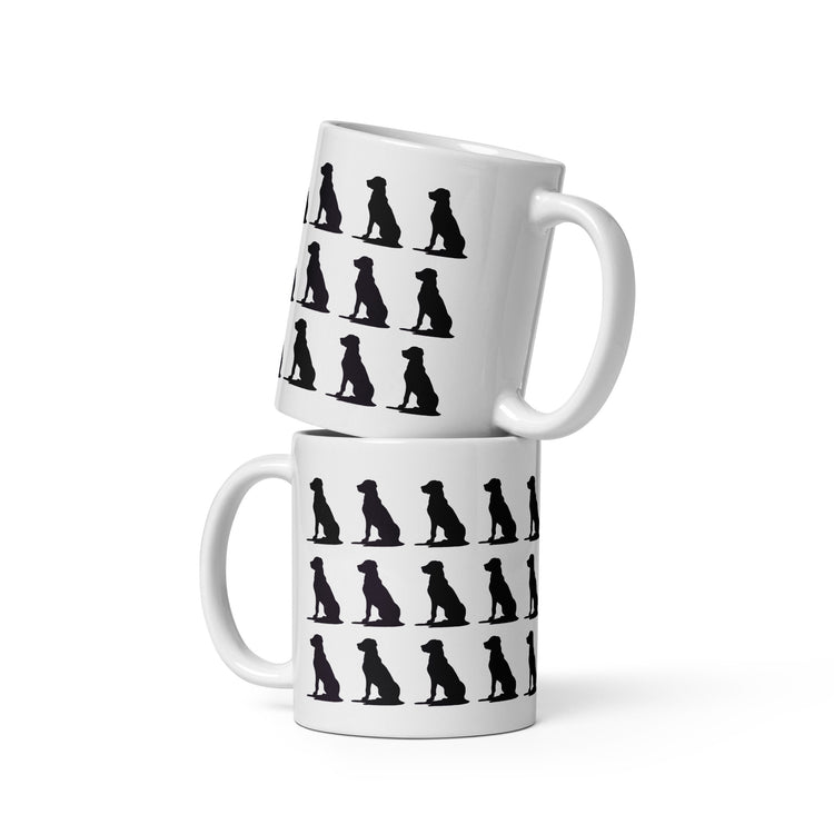 White ceramic mug with black dog silhouettes, pet lover’s coffee cup.