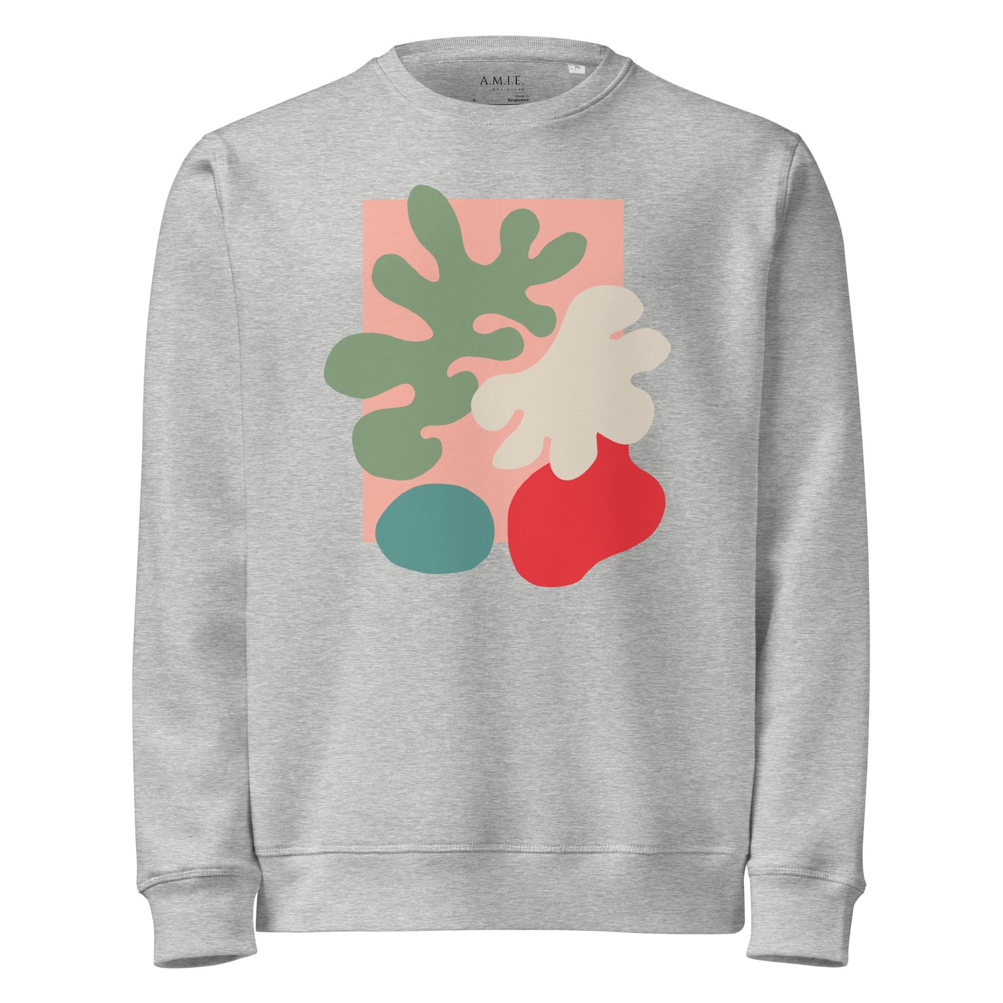 Heather grey sweatshirt with modern nature-inspired abstract print, unisex fit, eco-friendly fabric.