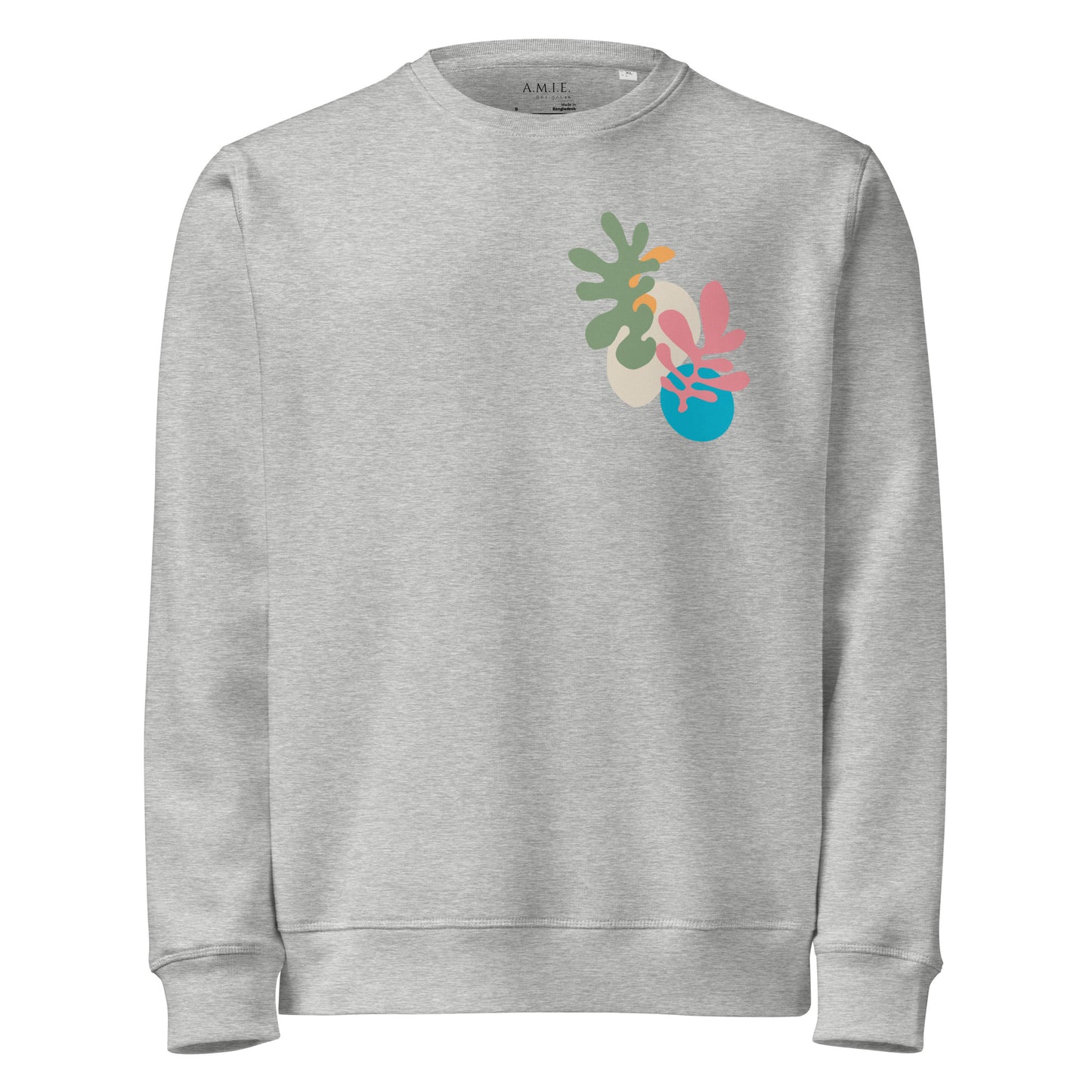 Heather gray sweatshirt featuring minimalist floral abstract chest artwork in pastel hues.