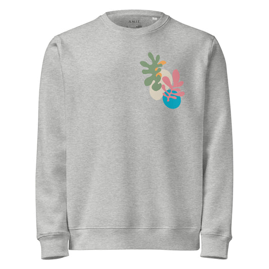 Heather gray sweatshirt featuring minimalist floral abstract chest artwork in pastel hues.