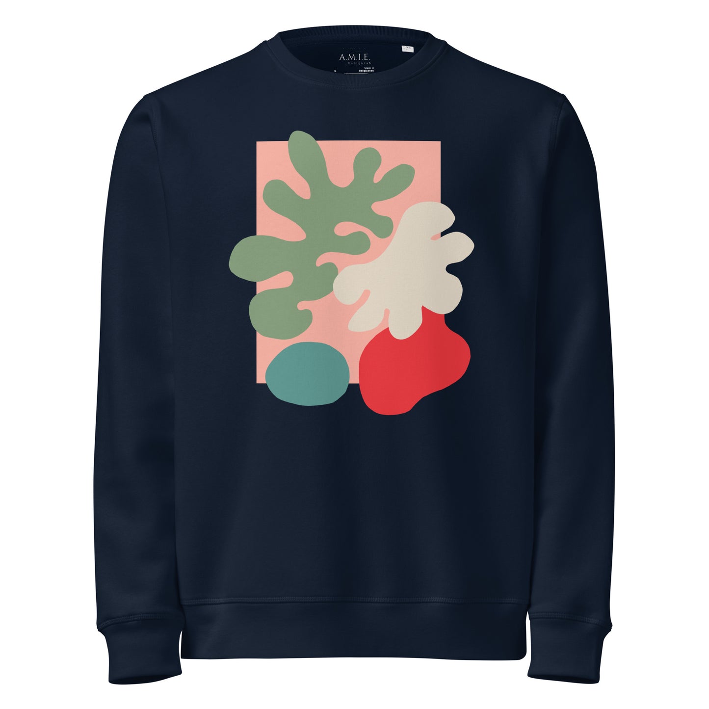 Organic sweatshirt with modern nature-inspired abstract print, unisex fit, eco-friendly fabric.