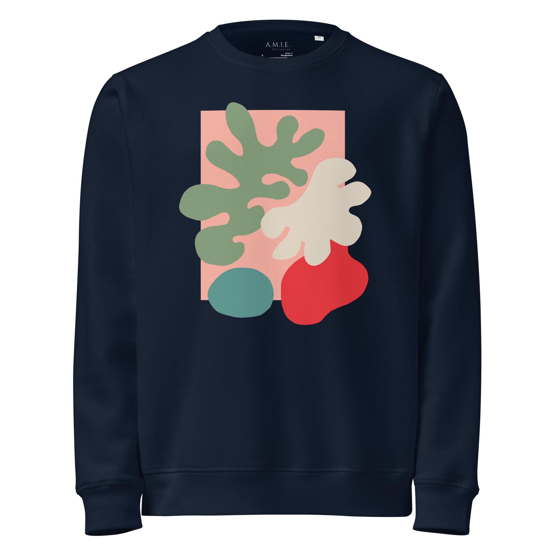 Organic sweatshirt with modern nature-inspired abstract print, unisex fit, eco-friendly fabric.