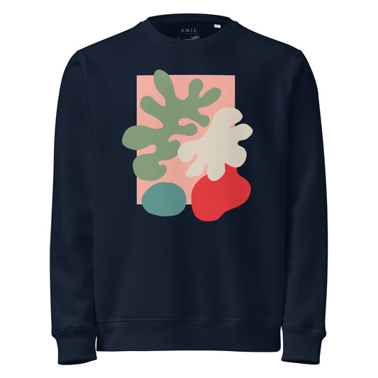 Organic sweatshirt with modern nature-inspired abstract print, unisex fit, eco-friendly fabric.