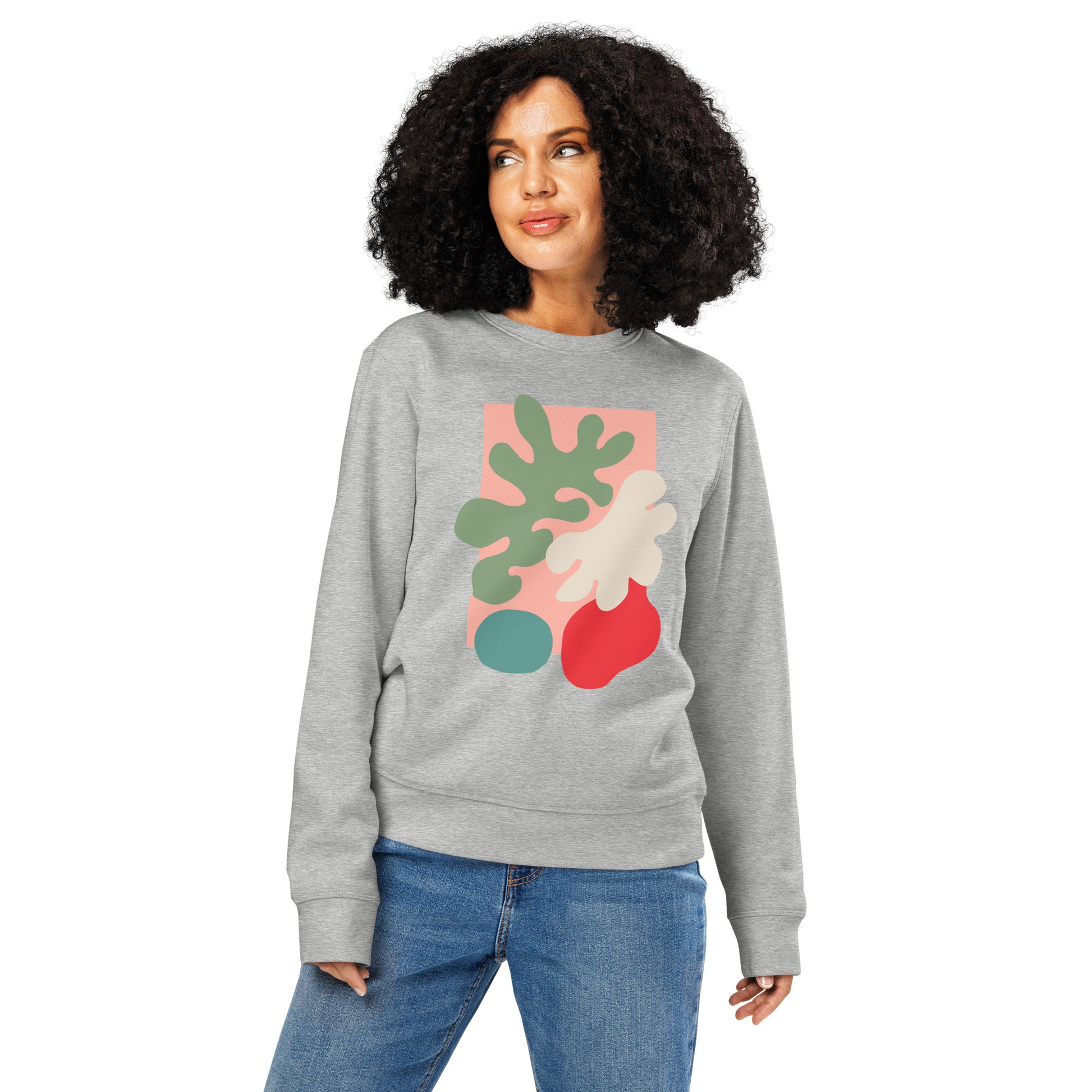 sweatshirt with modern nature-inspired abstract print, unisex fit, eco-friendly fabric.