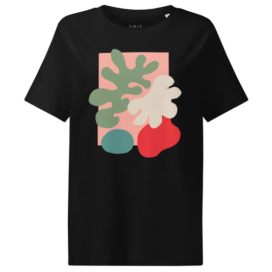Women’s black organic cotton tee featuring modern abstract botanical art