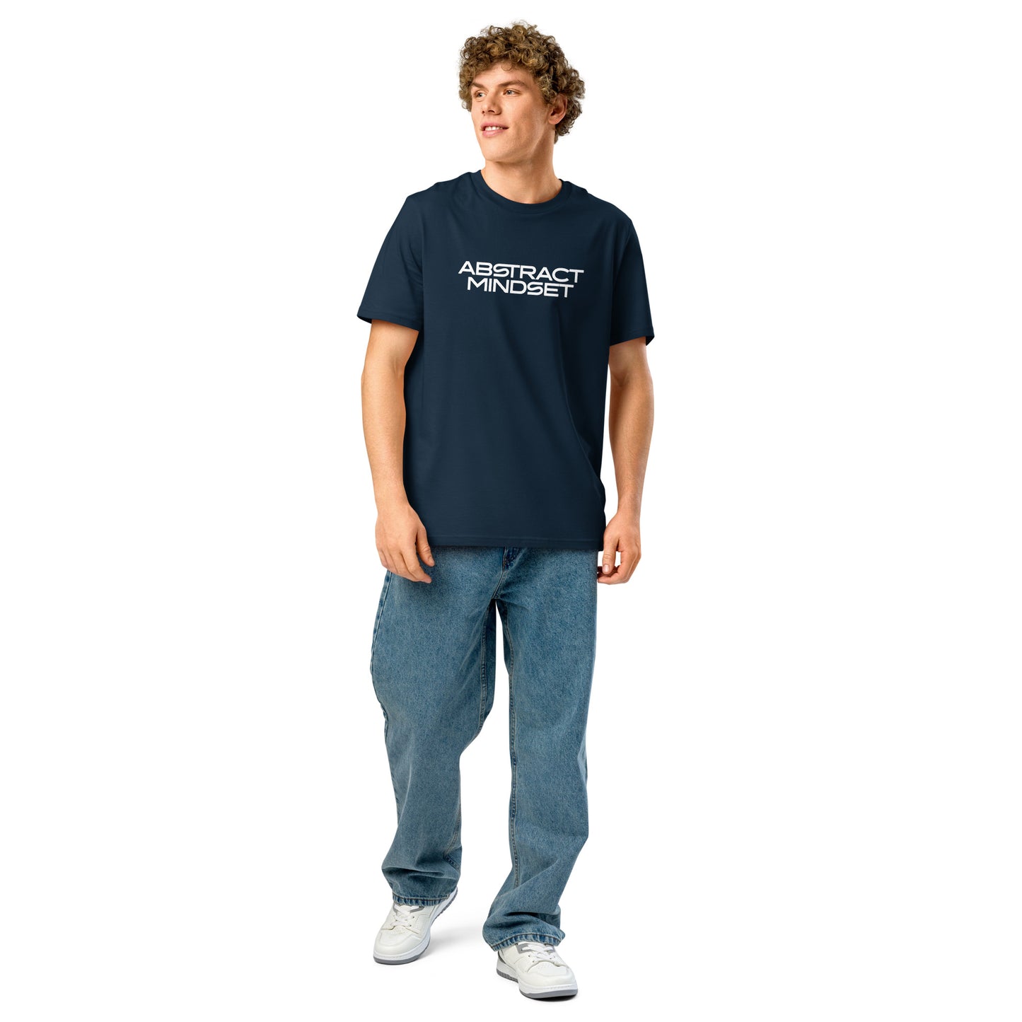 French Navy organic cotton t-shirt with bold Abstract Mindset typography design on model