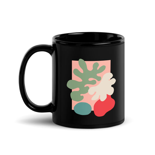 Black glossy mug with colorful modern botanical shapes, stylish drinkware. Side View 1