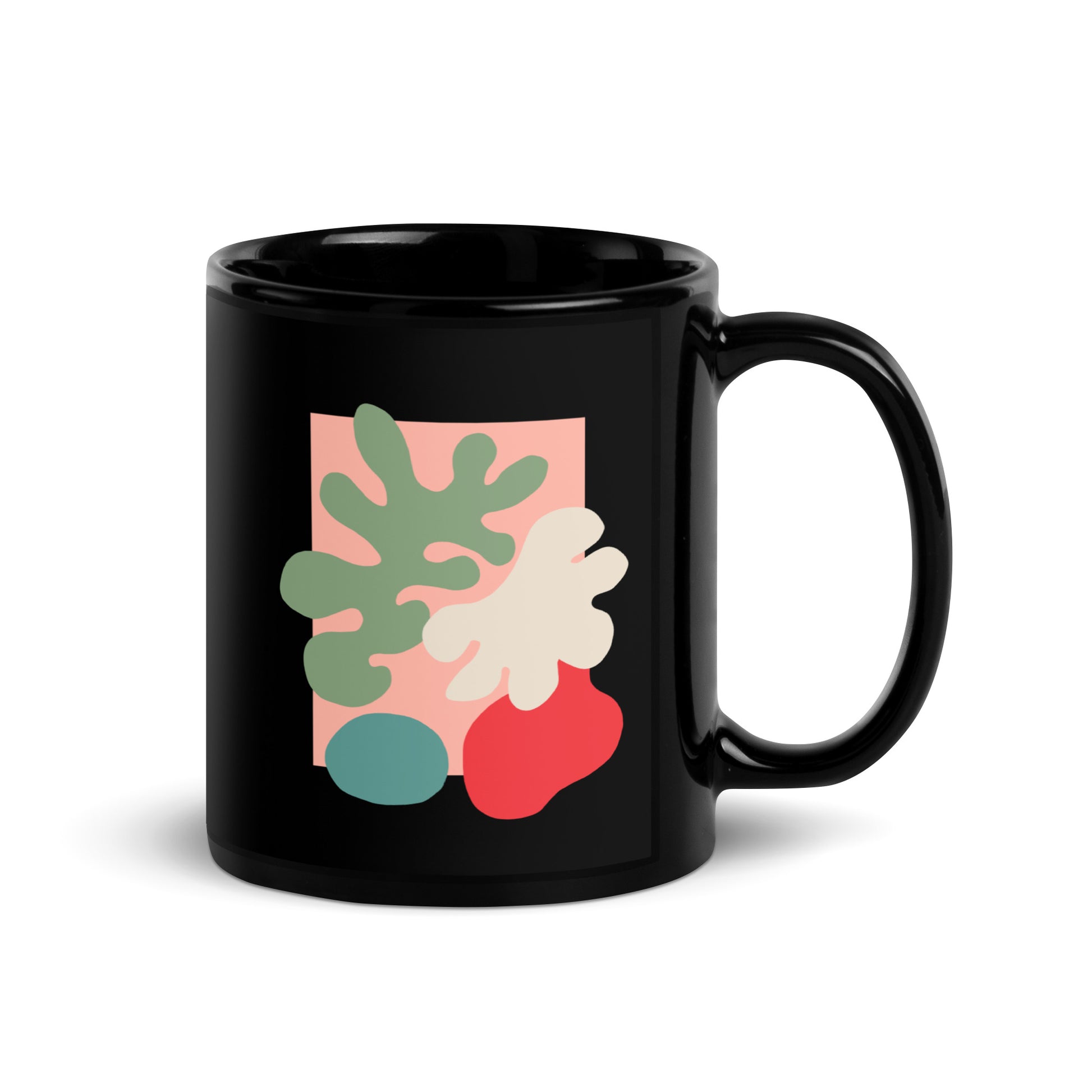 Black glossy mug with colorful modern botanical shapes, stylish drinkware. Side View 2