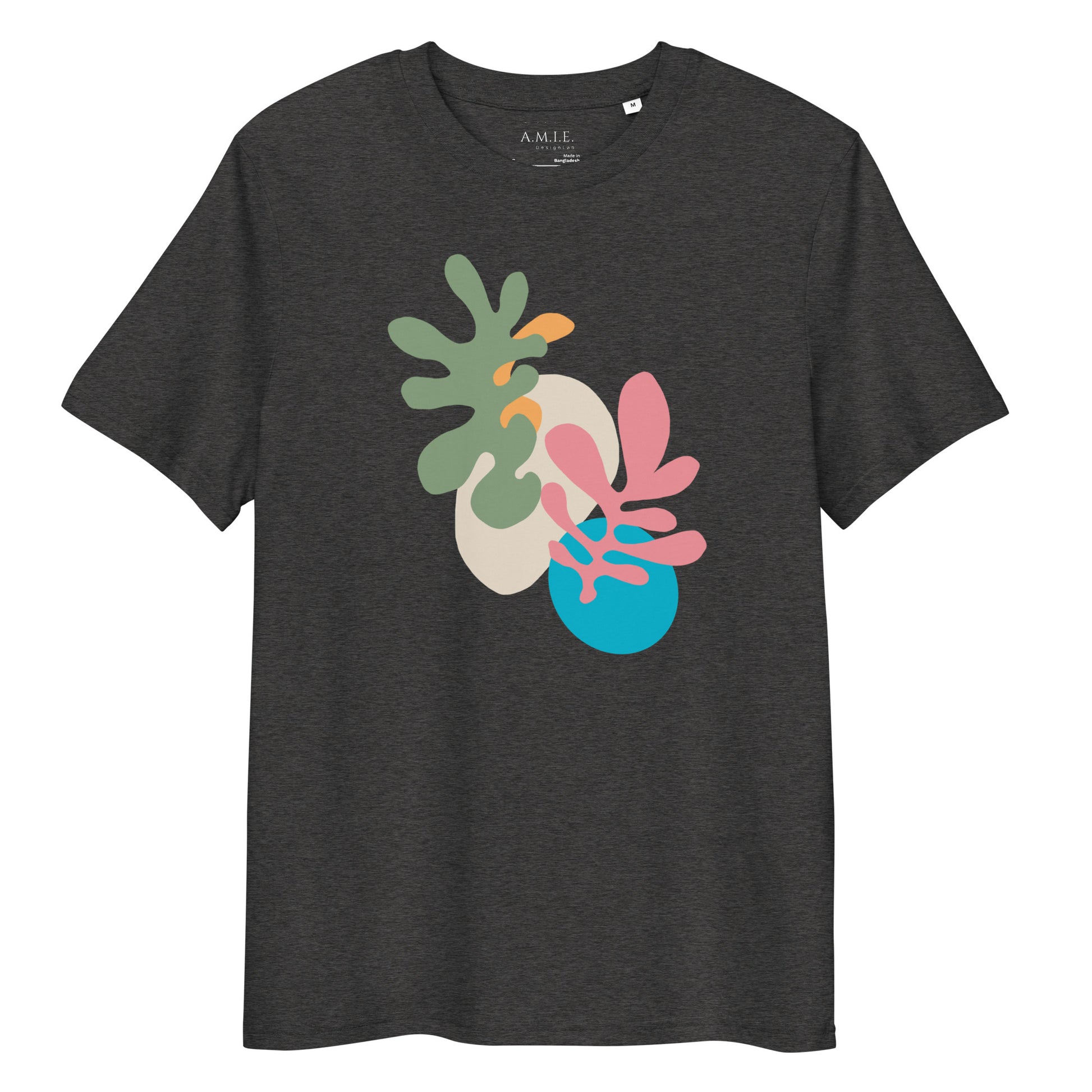 Unisex dark heather grey organic cotton t-shirt with abstract botanical shapes in green, peach, pink, and teal