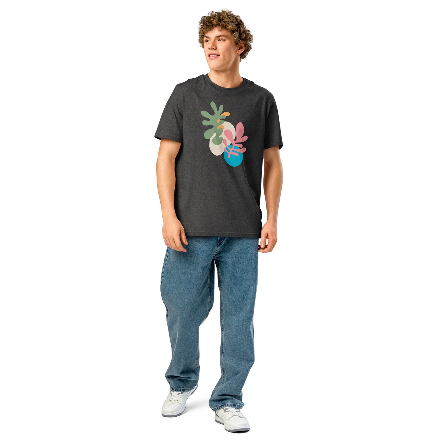 Minimalist nature-inspired abstract art shirt on model
