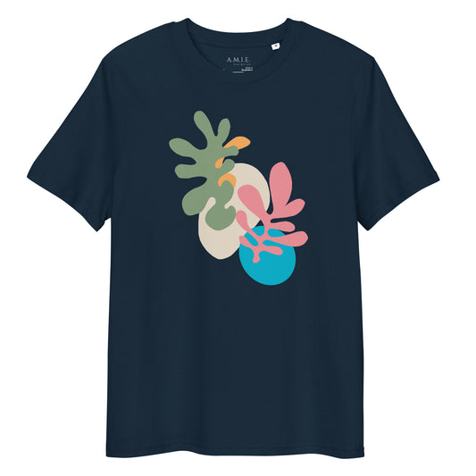 Unisex French navy organic cotton t-shirt with abstract botanical shapes in green, peach, pink, and teal