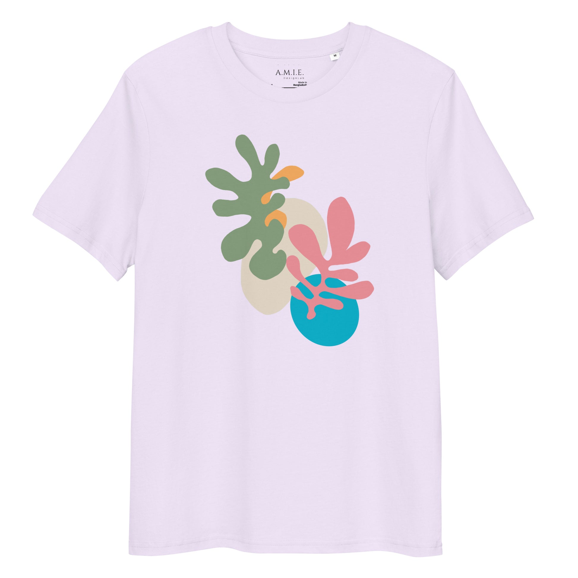 Unisex lavender organic cotton t-shirt with abstract botanical print in green, peach, and teal