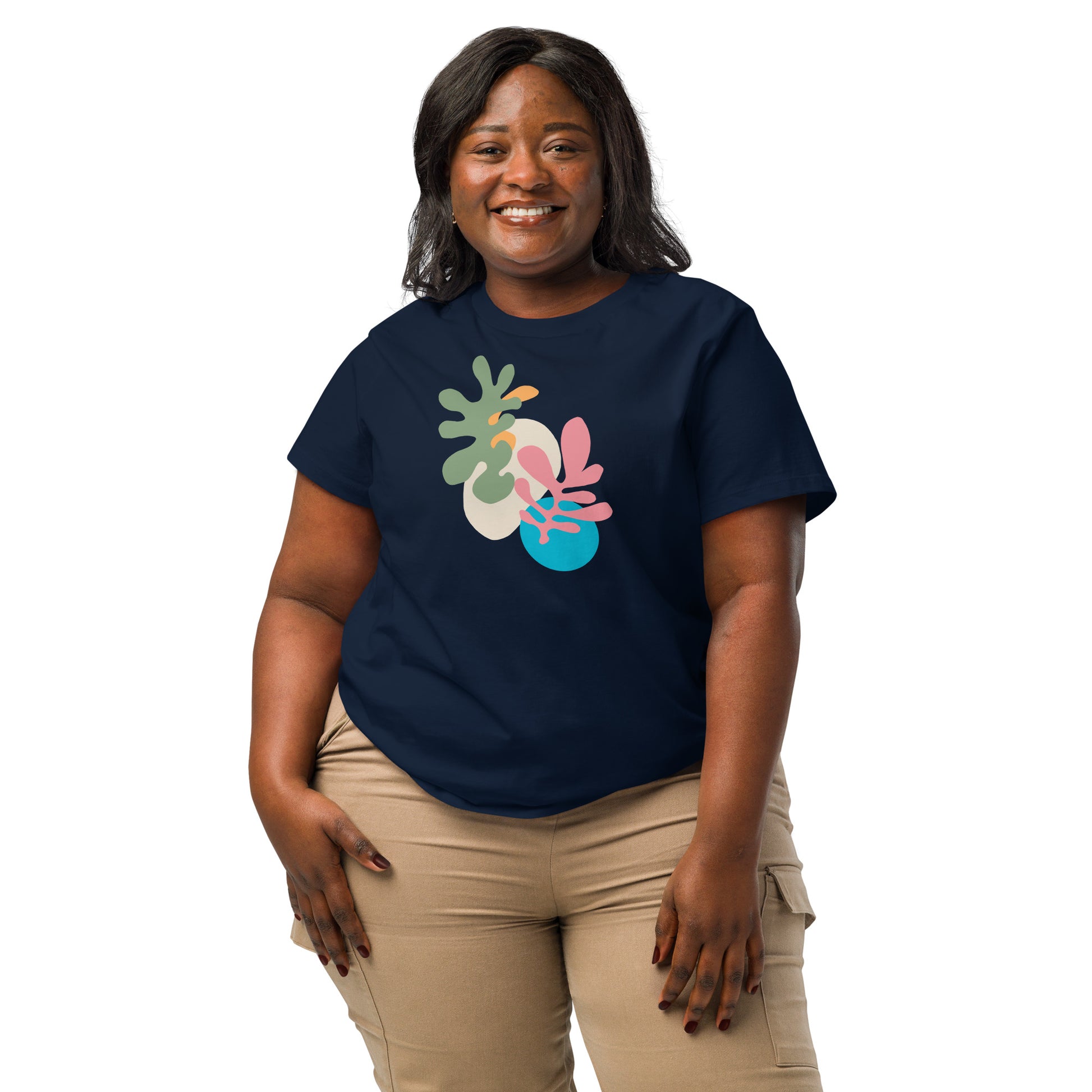 Woman wearing a organic French navy t-shirt with colorful abstract design