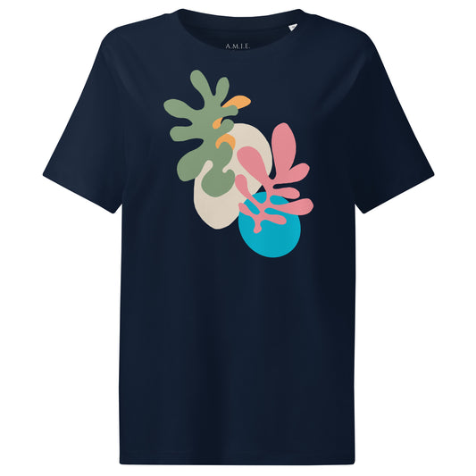 Women’s navy organic ribbed neck t-shirt with colorful abstract botanical print