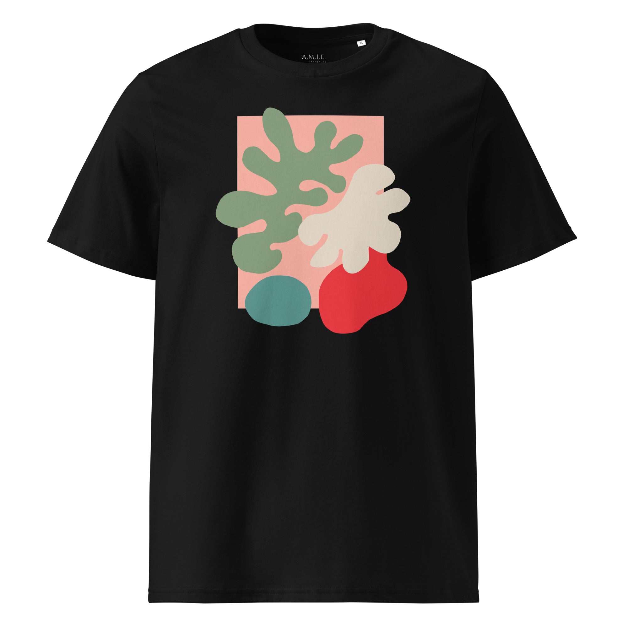 Unisex organic cotton t-shirt in black with abstract botanical design
