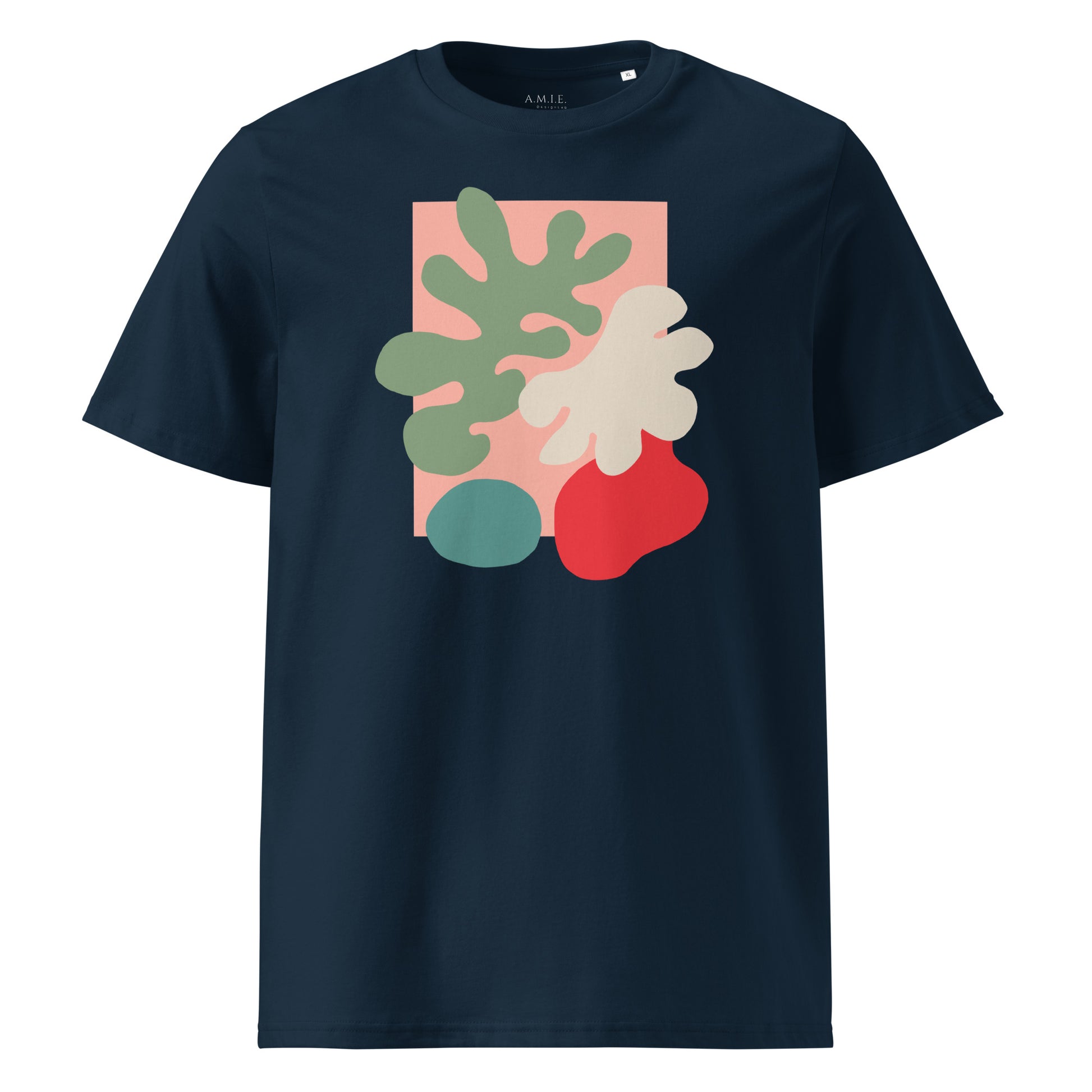 Unisex organic cotton t-shirt in French navy with abstract botanical design
