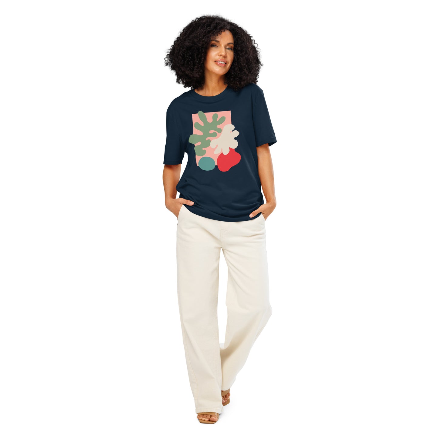 Modern nature-inspired abstract botanical print in red, green, and cream on organic cotton t-shirt