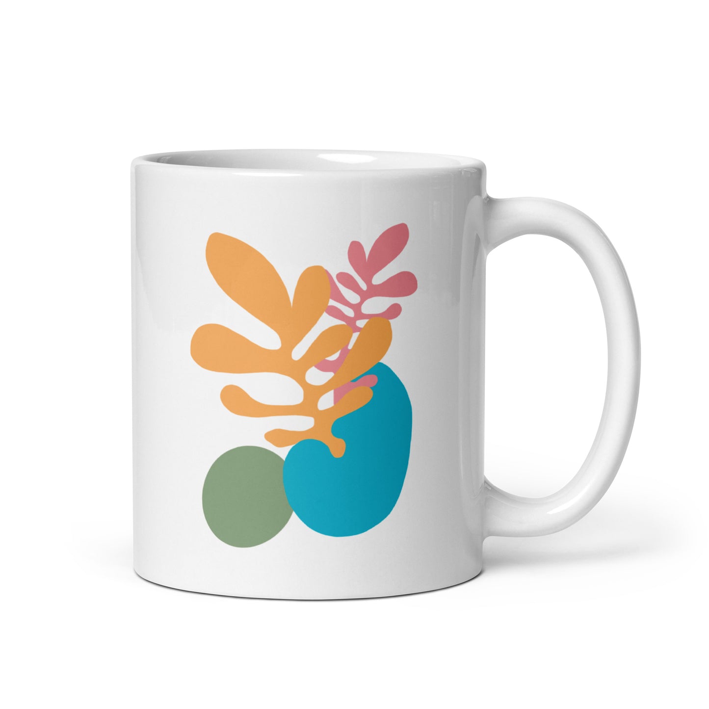 White mug featuring dual-tone abstract botanical design, stylish modern drinkware. Side view 2