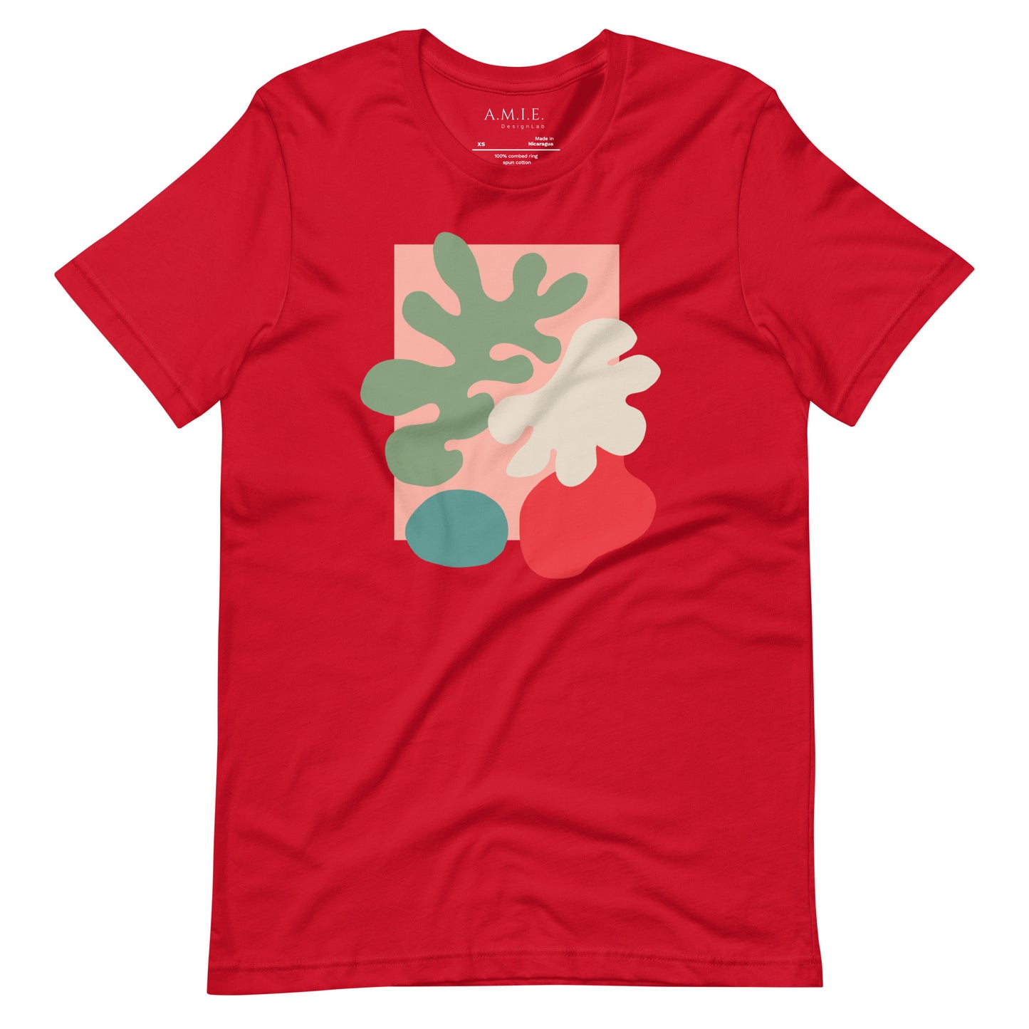 Abstract Botanicals Unisex T-Shirt | Modern Plant-Inspired Design | Red Unisex T-Shirts on Models