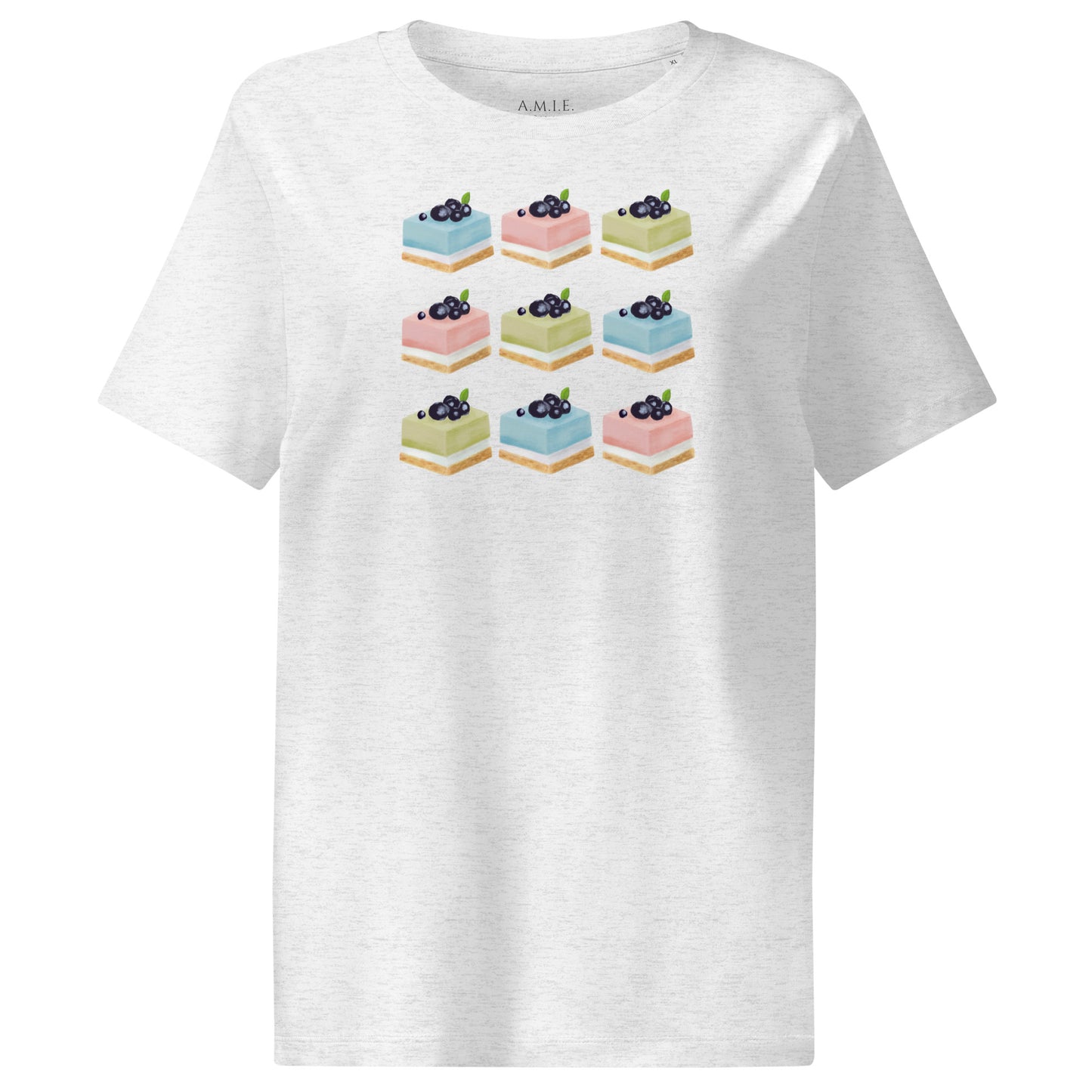 Cool heather grey organic cotton t-shirt with pastel cake slices topped with berries – Berry Cake Bliss design