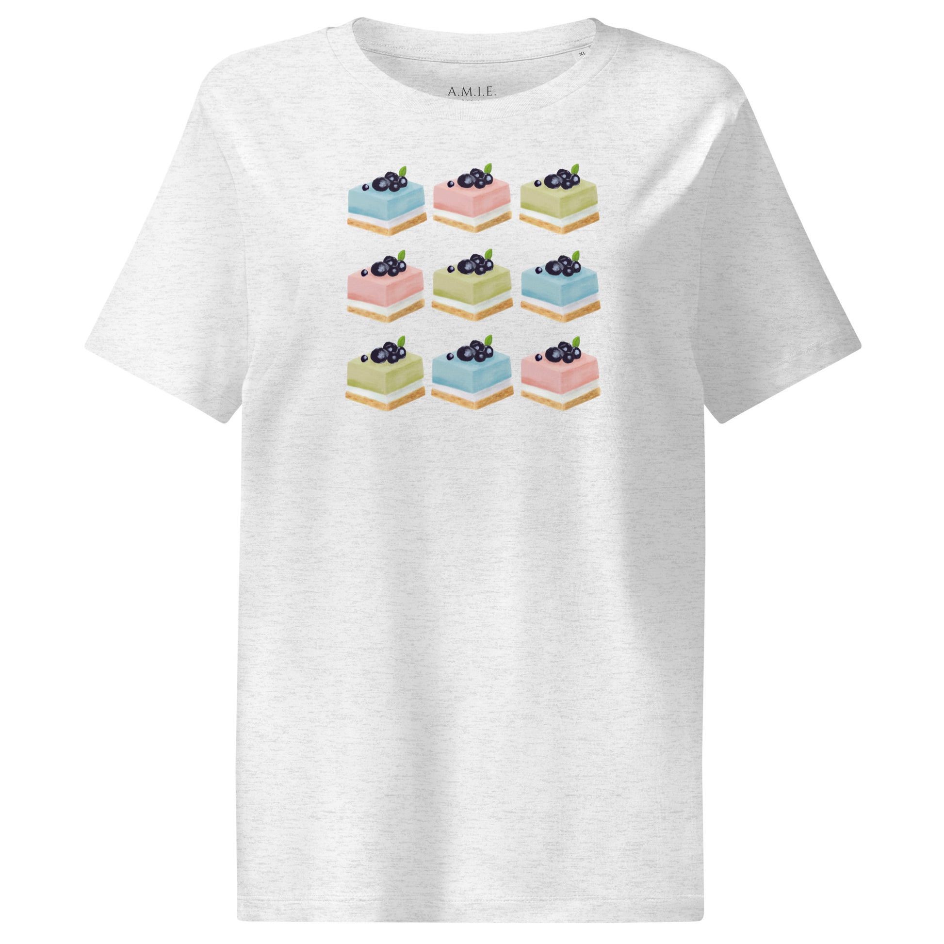 Cool heather grey organic cotton t-shirt with pastel cake slices topped with berries – Berry Cake Bliss design
