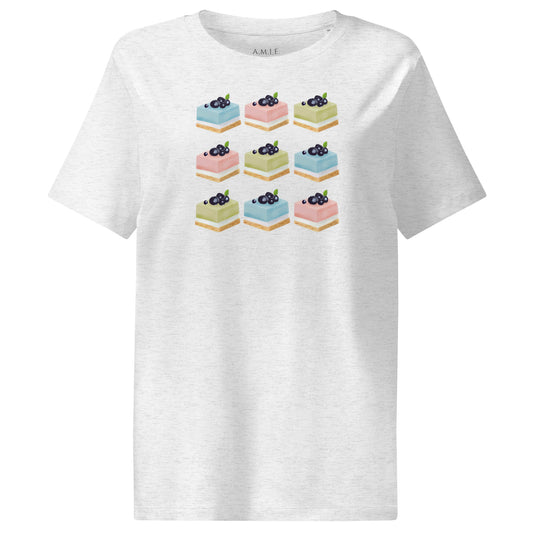 Cool heather grey organic cotton t-shirt with pastel cake slices topped with berries – Berry Cake Bliss design