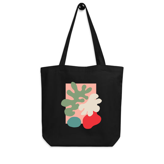 Black Eco tote bag with colorful abstract botanical design.