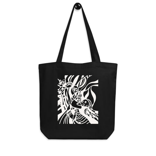 Eco tote bag with black and white abstract line art print.