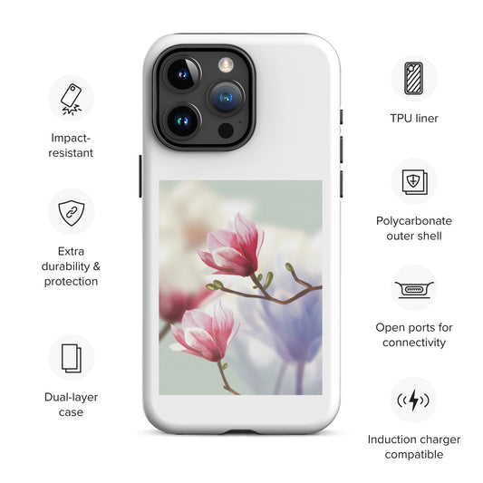 Elegant floral iPhone 15 Pro Max case with dual-layer protection, showcasing a pink magnolia design for a chic and protective look.