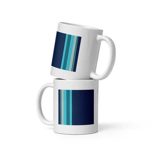 Blue Horizon Stripe Mug – minimalist navy and teal striped ceramic mug mockup