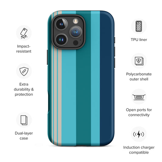 iPhone case with vertical navy, teal, and sky blue stripes, tough protective case with minimalist design.