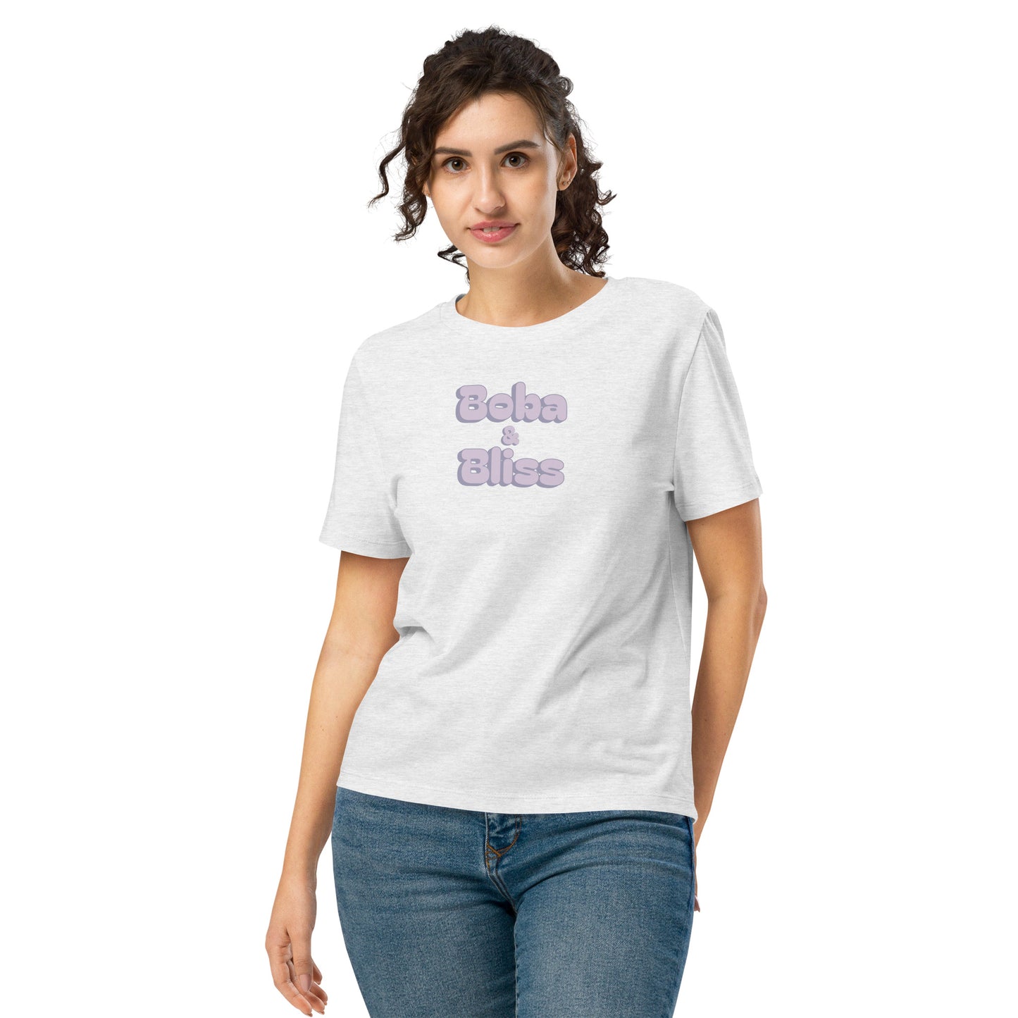 Boba &amp; Bliss typography cool heather grey organic tee on model