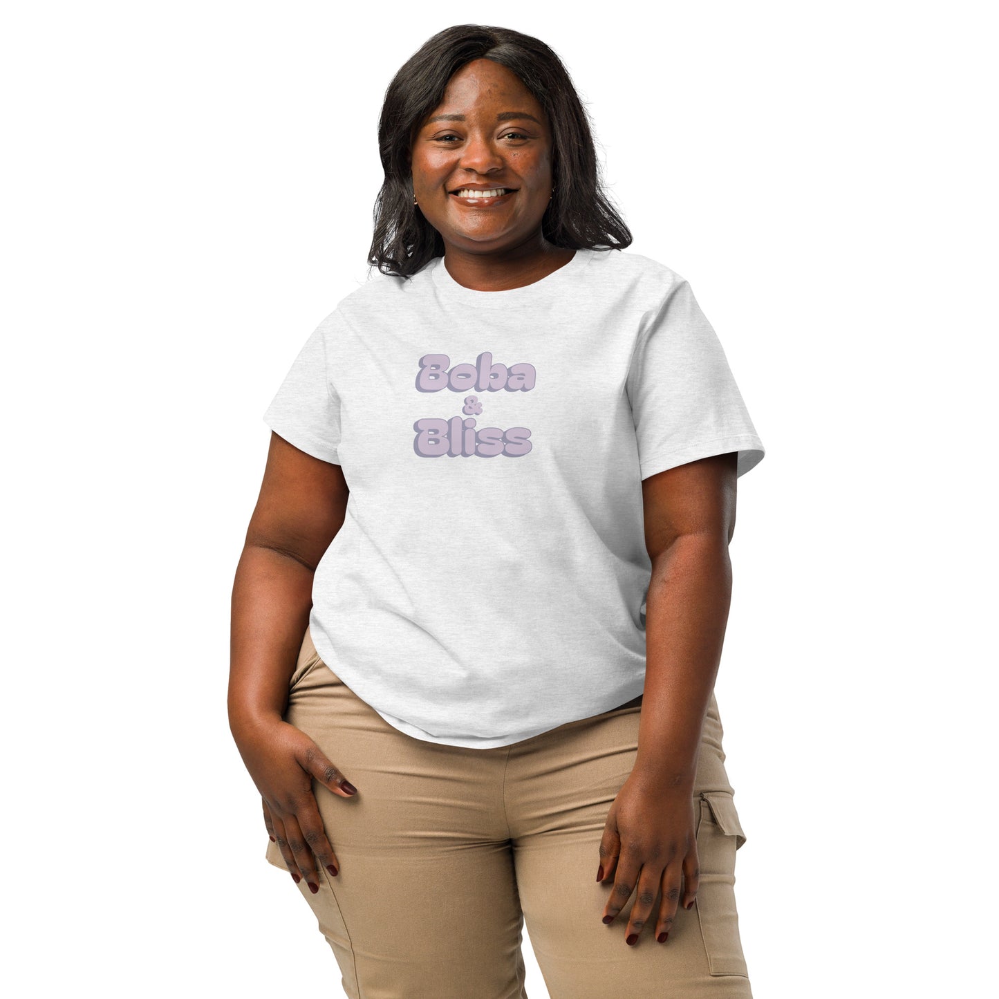 Woman wearing a white t-shirt with 'Boba & Bliss' 