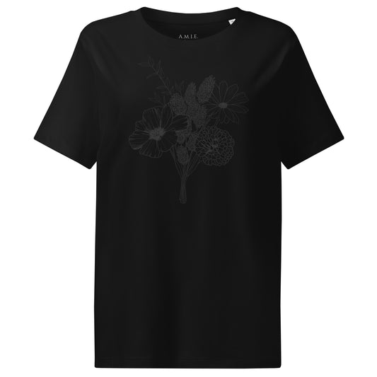 Black organic cotton t-shirt with subtle hand-drawn wildflower sketch – Botanical Sketch design