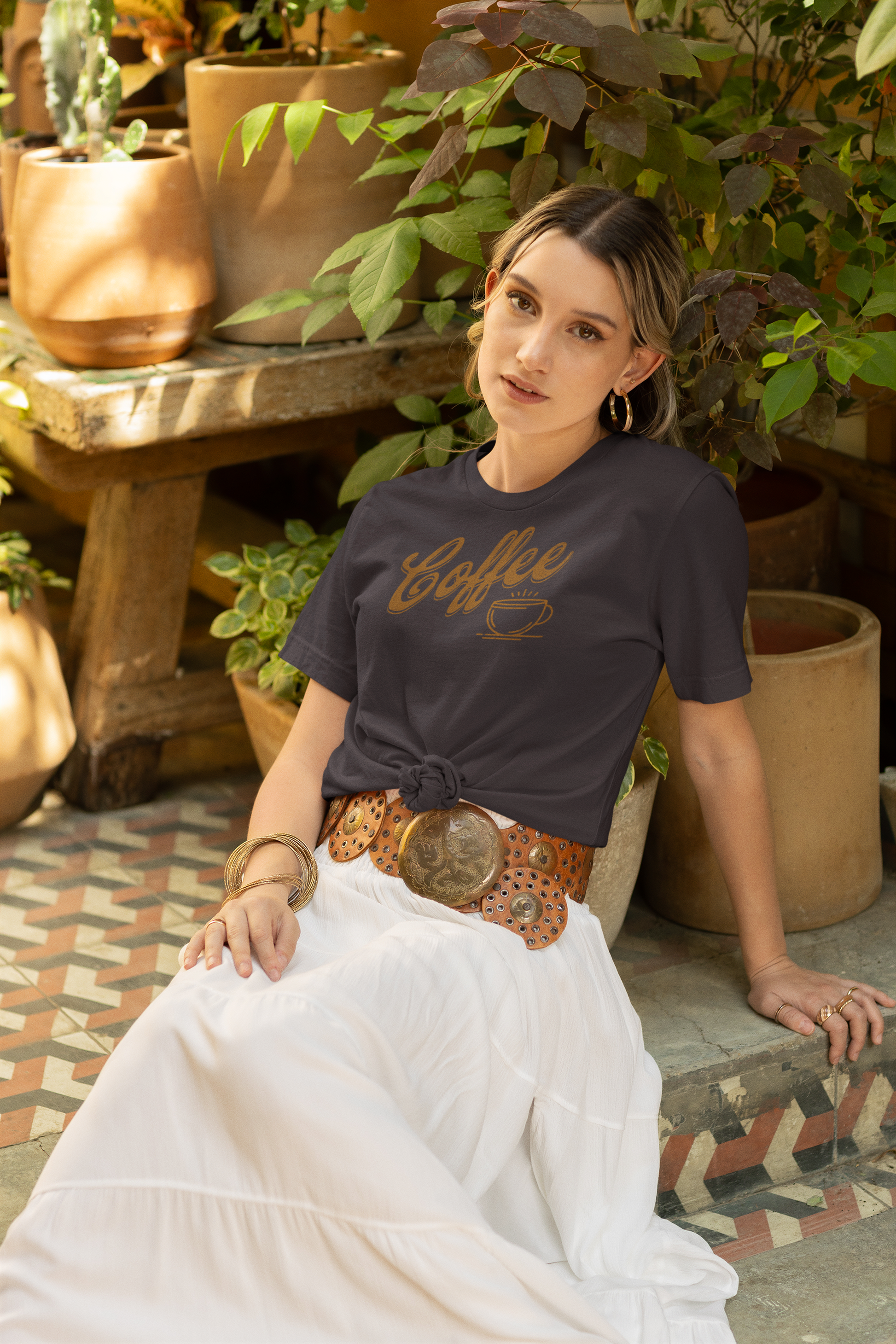 Caffeine lover’s Unisex T-Shirt | Coffee Themed | Brown Color T-Shirt on Model