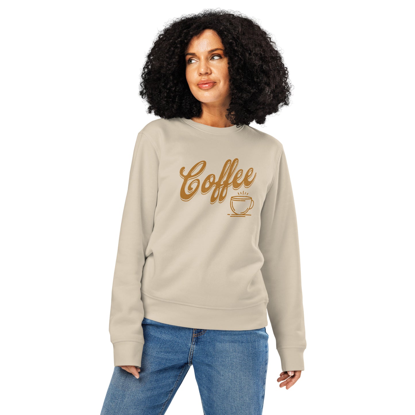 Organic sweatshirt with coffee-inspired script and cup illustration, casual cozy style.
