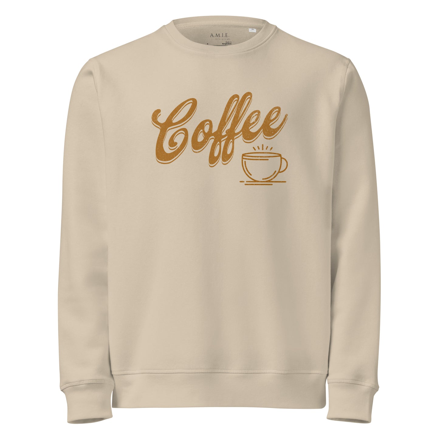Desert dust-colored unisex sweatshirt featuring bold Coffee typography graphic.