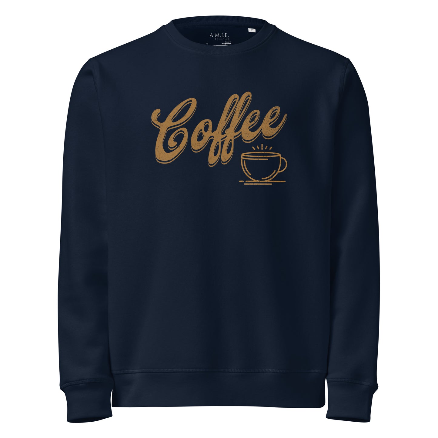 French Navy organic mid-weight sweatshirt with “Coffee” script and steaming cup design.