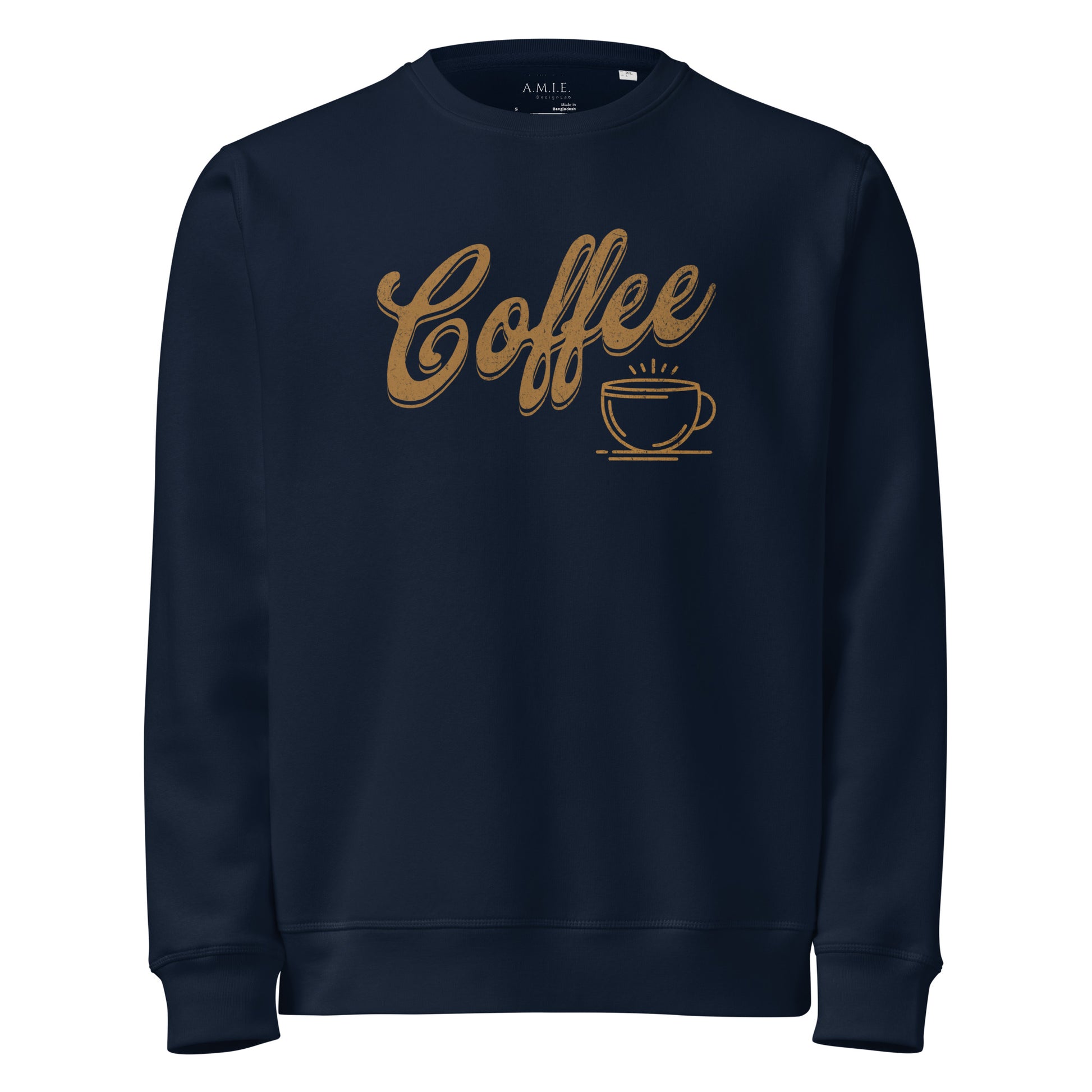 French Navy organic mid-weight sweatshirt with “Coffee” script and steaming cup design.