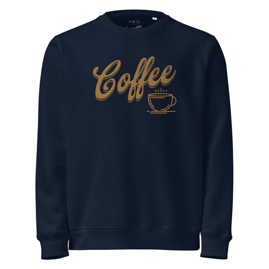 French Navy organic mid-weight sweatshirt with “Coffee” script and steaming cup design.
