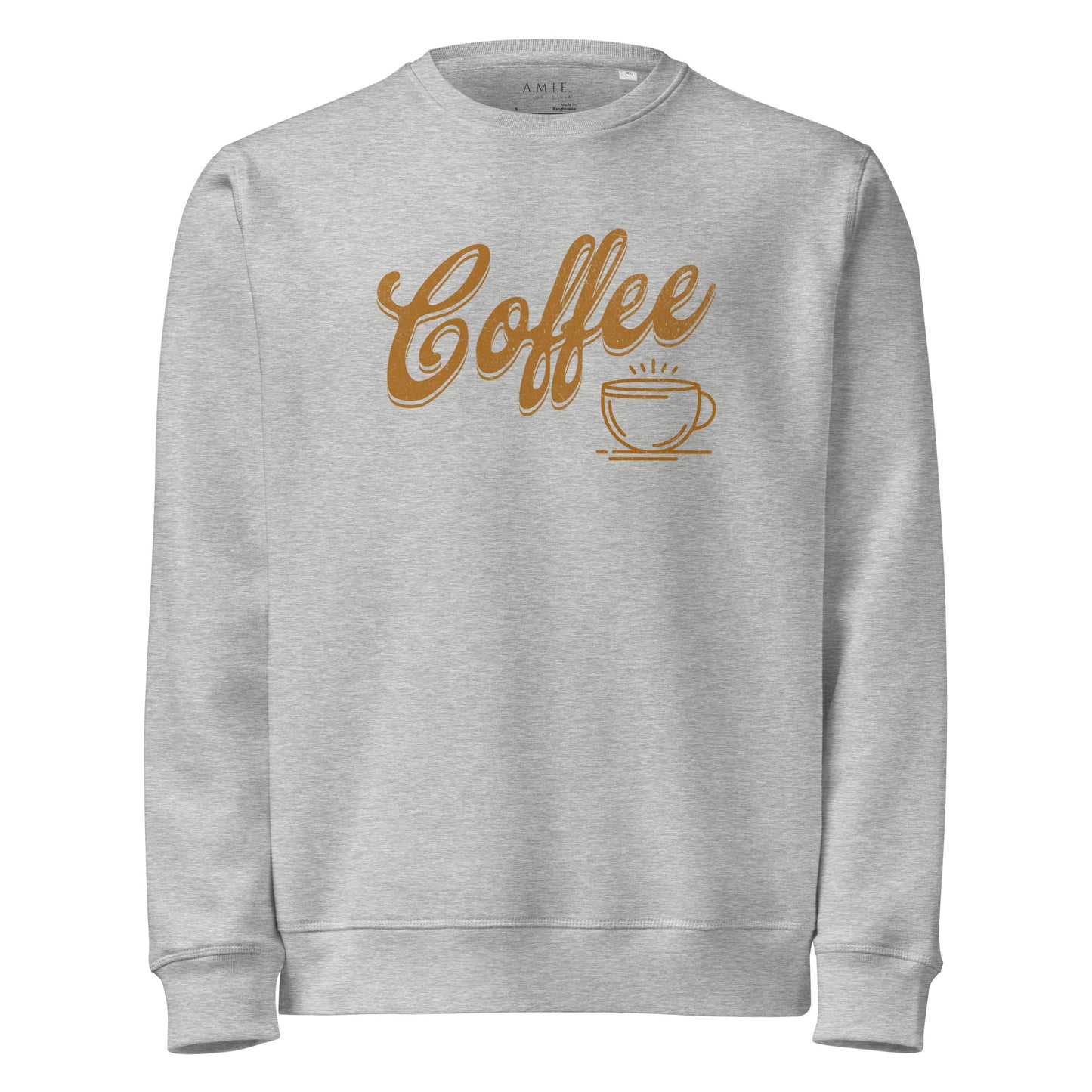 Heather Grey organic mid-weight sweatshirt with “Coffee” script and steaming cup design.