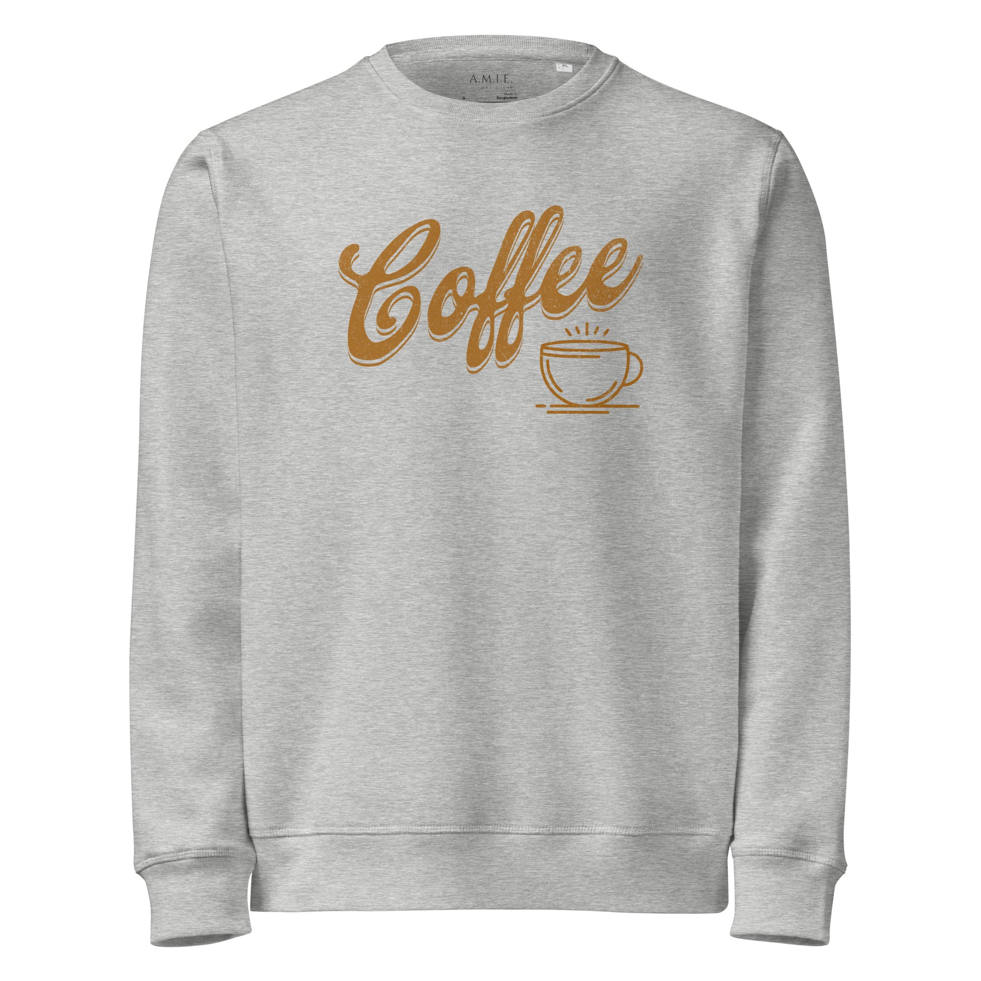Heather Grey organic mid-weight sweatshirt with “Coffee” script and steaming cup design.