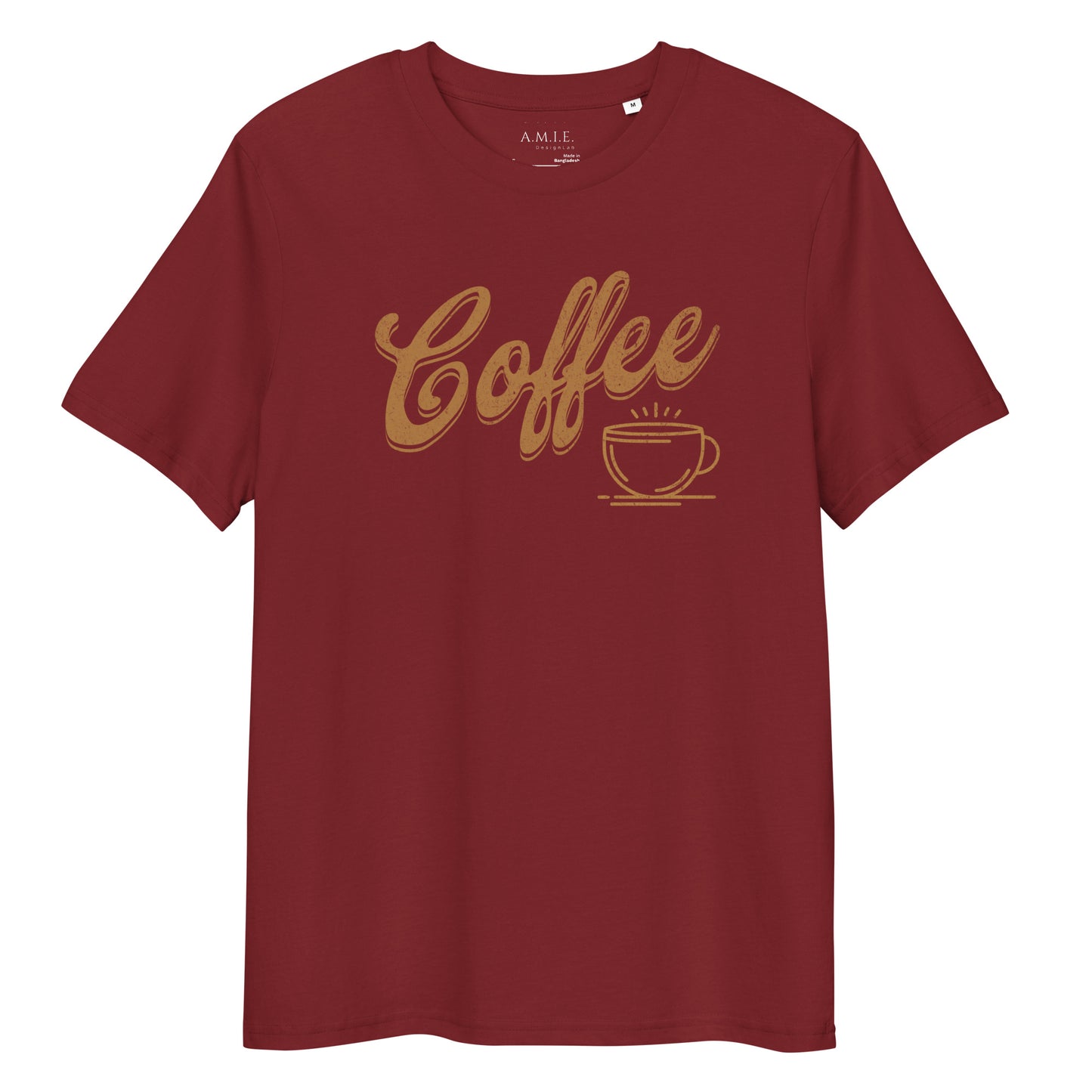 Burgundy organic cotton t-shirt with Coffee lettering and steaming cup graphic
