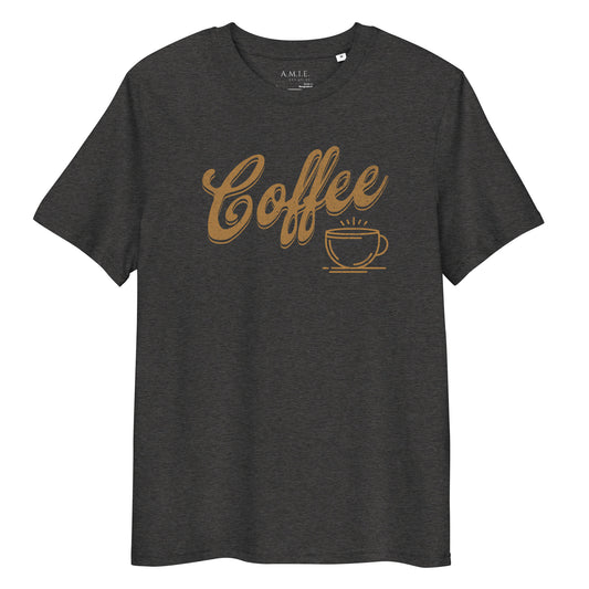 Dark heather grey organic cotton t-shirt with Coffee lettering and steaming cup graphic