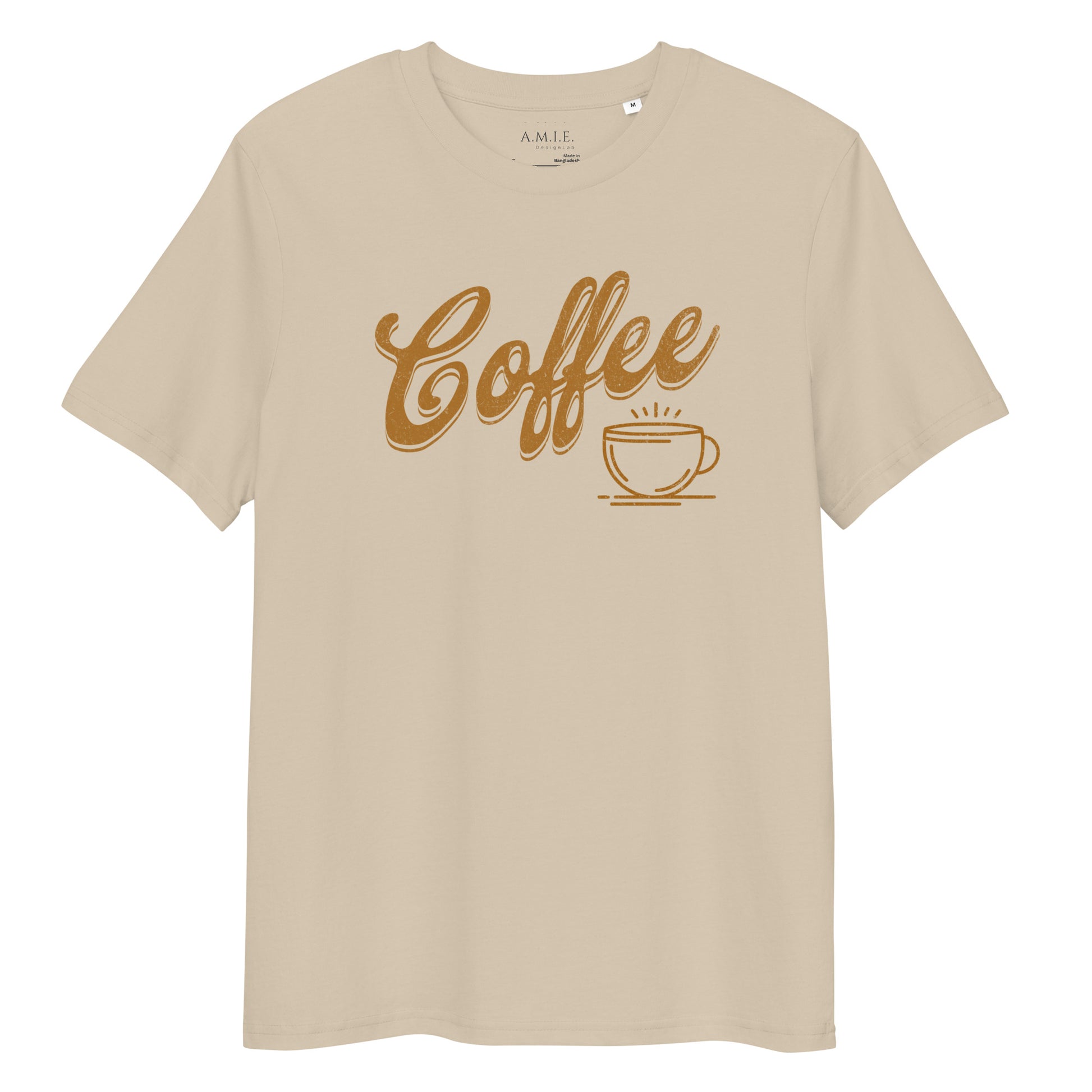 Desert dust organic cotton t-shirt with Coffee lettering and steaming cup graphic
