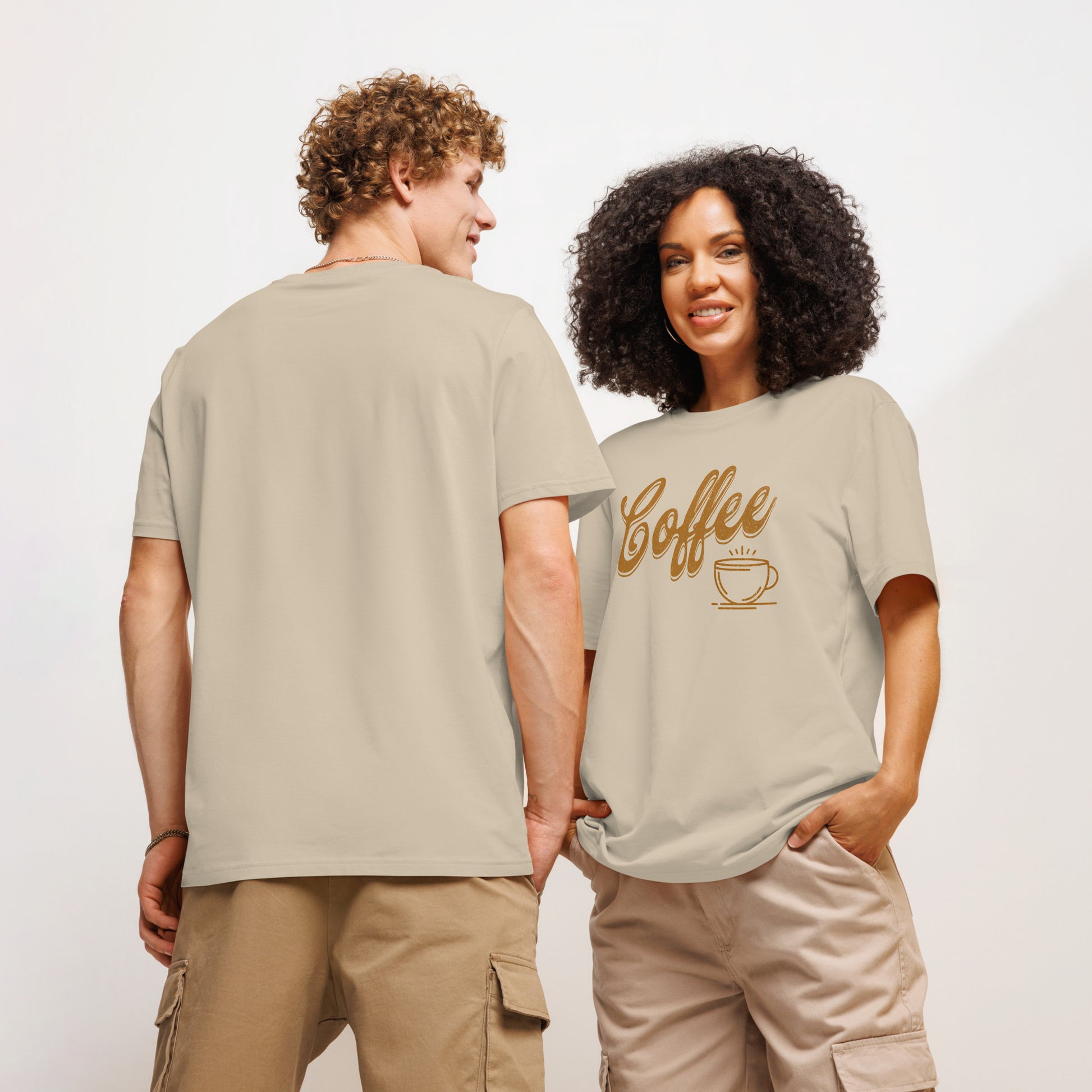 Desert dust organic cotton t-shirt with Coffee lettering and steaming cup graphic on model