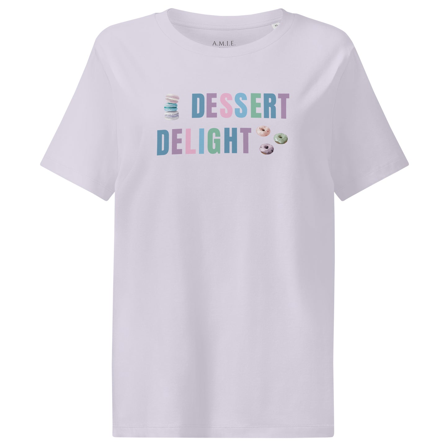 Lavender organic cotton t-shirt with Dessert Delight text and colorful dessert graphics