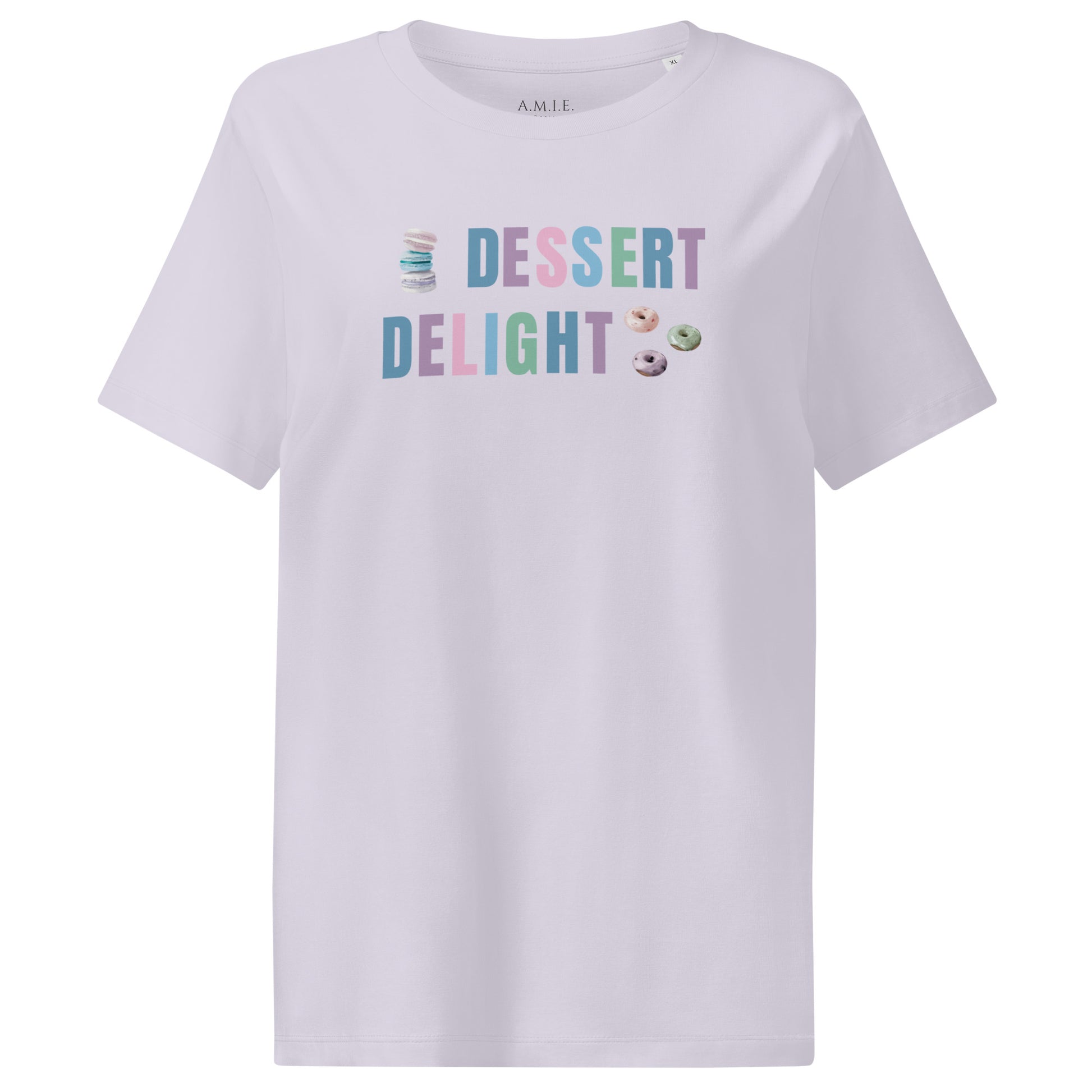 Lavender organic cotton t-shirt with Dessert Delight text and colorful dessert graphics