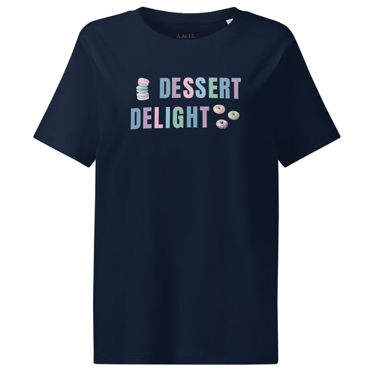 French navy organic cotton t-shirt with Dessert Delight text and colorful dessert graphics